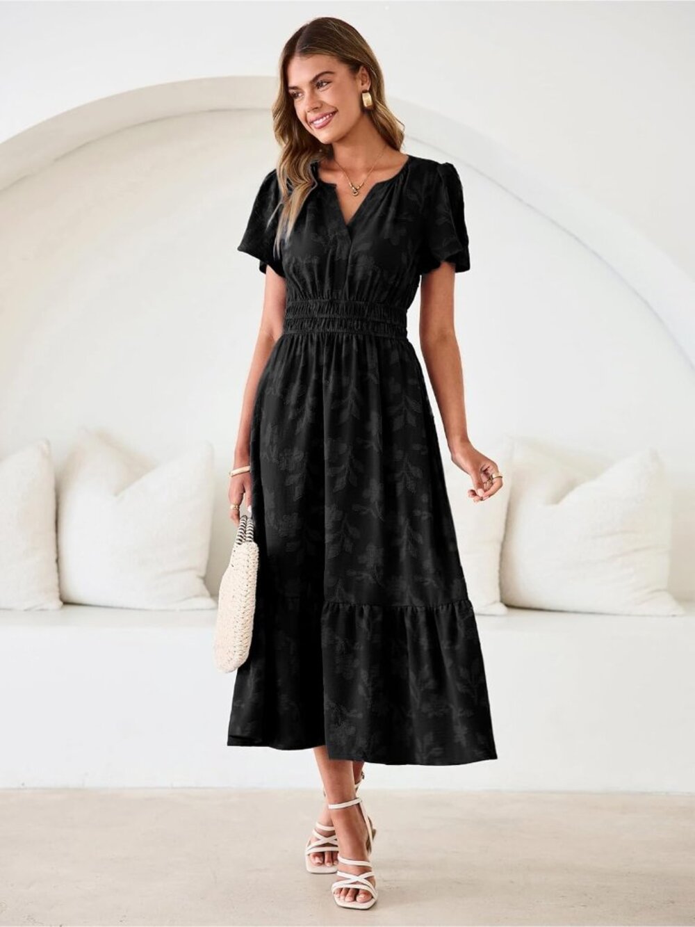Women's Black Short Sleeve V Neck Empire Waist Floral Imported Maxi Dress - Picture 2 of 7
